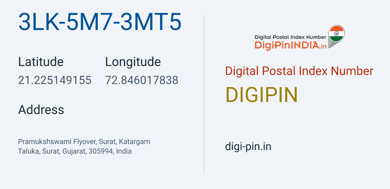 DigiPin 3LK-5M7-3MT5 location map showing coordinates 21.225149, 72.846018
