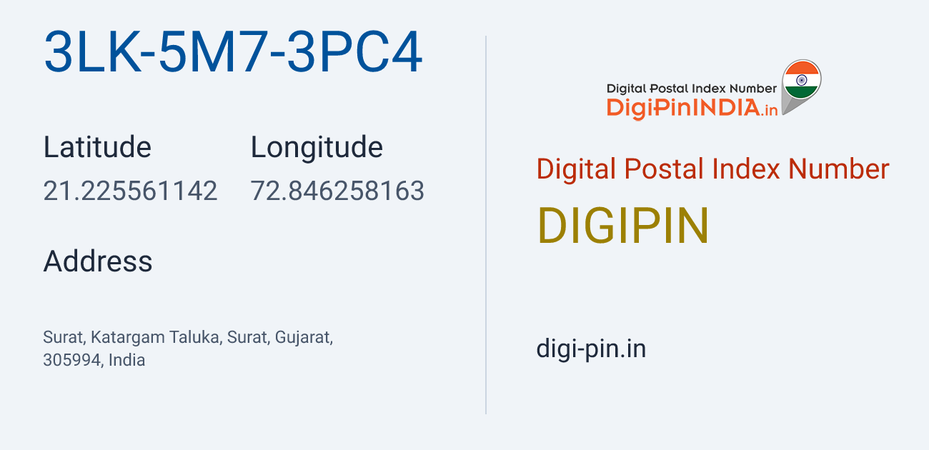 DigiPin 3LK-5M7-3PC4 location map showing coordinates 21.225561, 72.846258