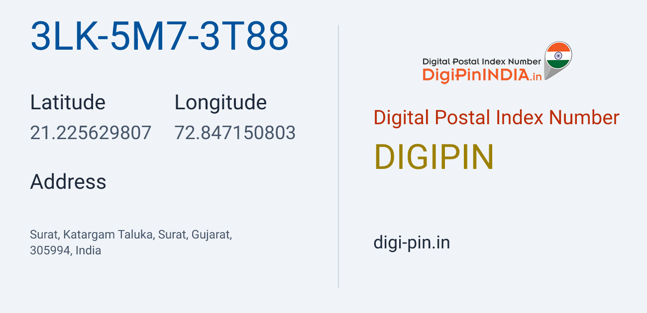 DigiPin 3LK-5M7-3T88 location map showing coordinates 21.225630, 72.847151