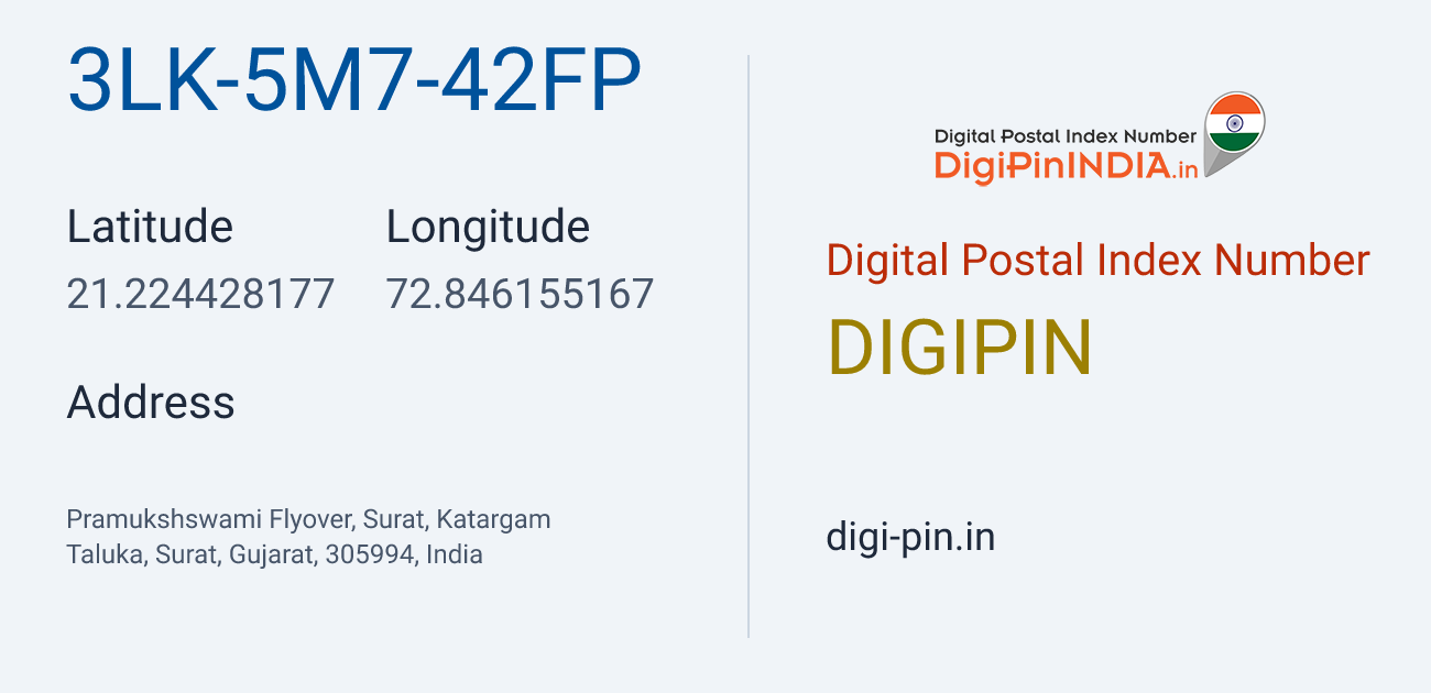 DigiPin 3LK-5M7-42FP location map showing coordinates 21.224428, 72.846155