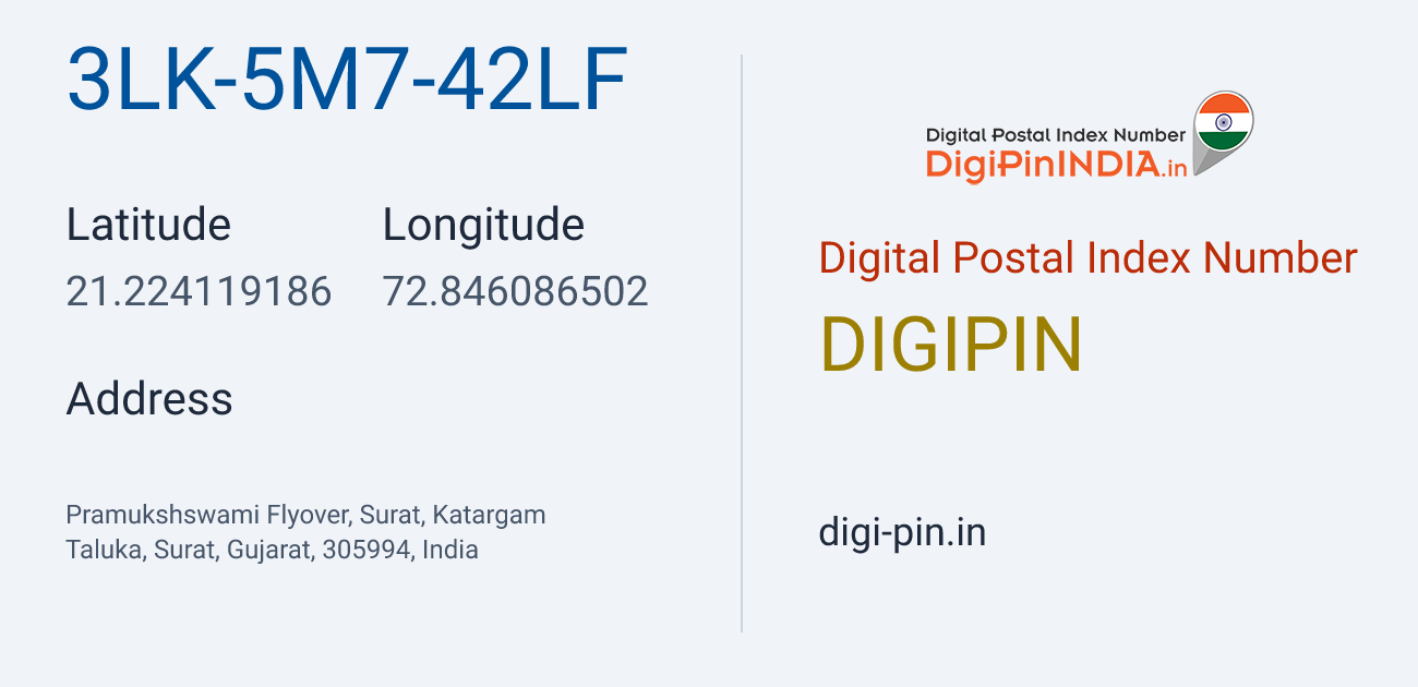 DigiPin 3LK-5M7-42LF location map showing coordinates 21.224119, 72.846087