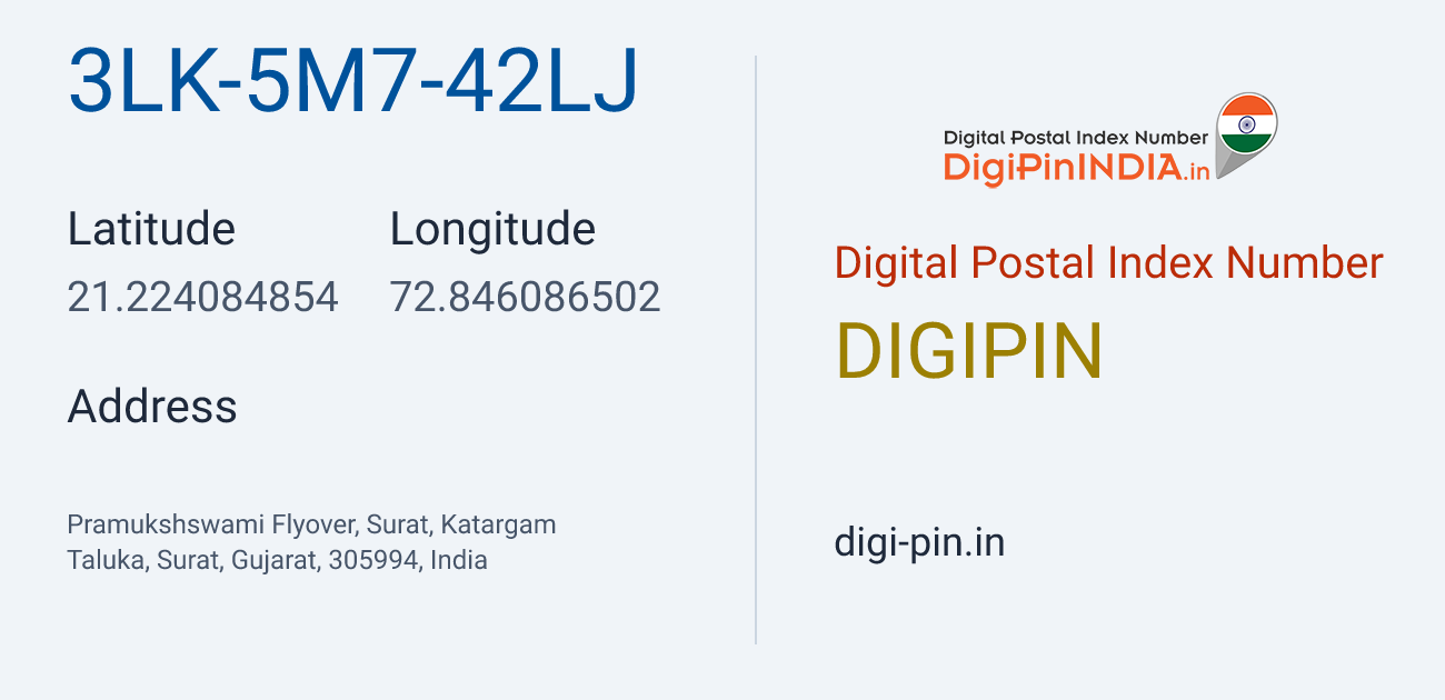 DigiPin 3LK-5M7-42LJ location map showing coordinates 21.224085, 72.846087