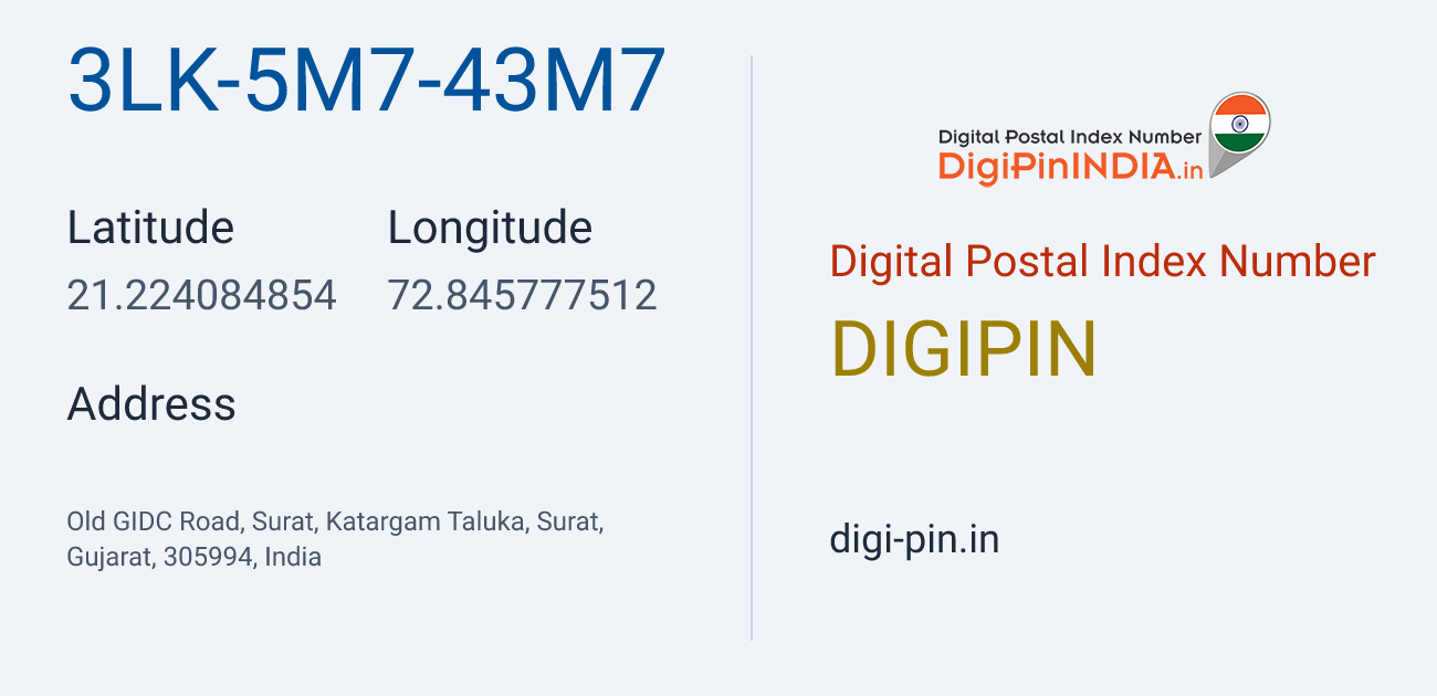 DigiPin 3LK-5M7-43M7 location map showing coordinates 21.224085, 72.845778
