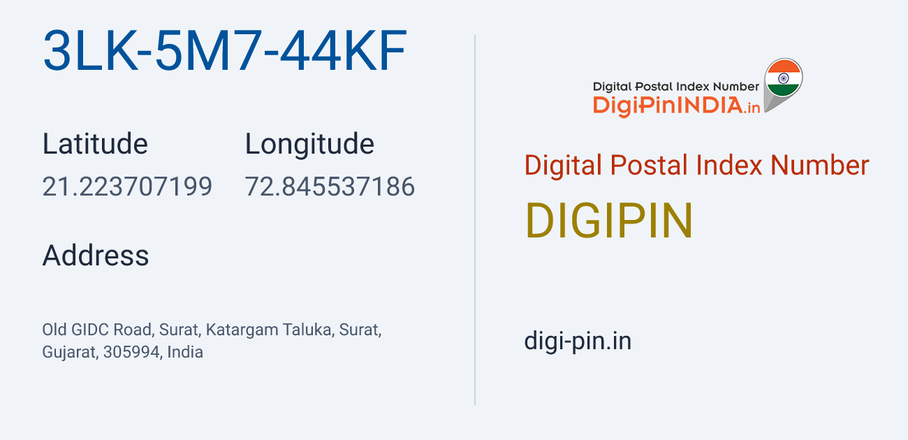 DigiPin 3LK-5M7-44KF location map showing coordinates 21.223707, 72.845537