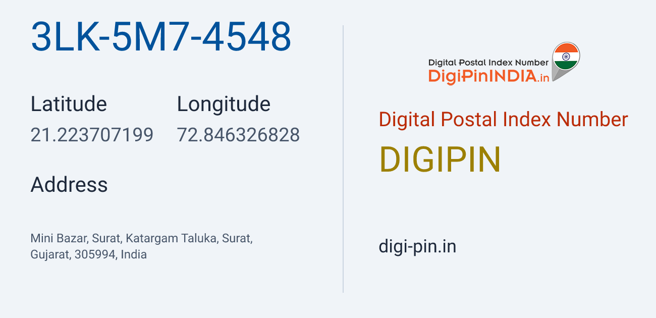 DigiPin 3LK-5M7-4548 location map showing coordinates 21.223707, 72.846327
