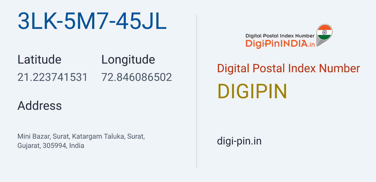 DigiPin 3LK-5M7-45JL location map showing coordinates 21.223742, 72.846087