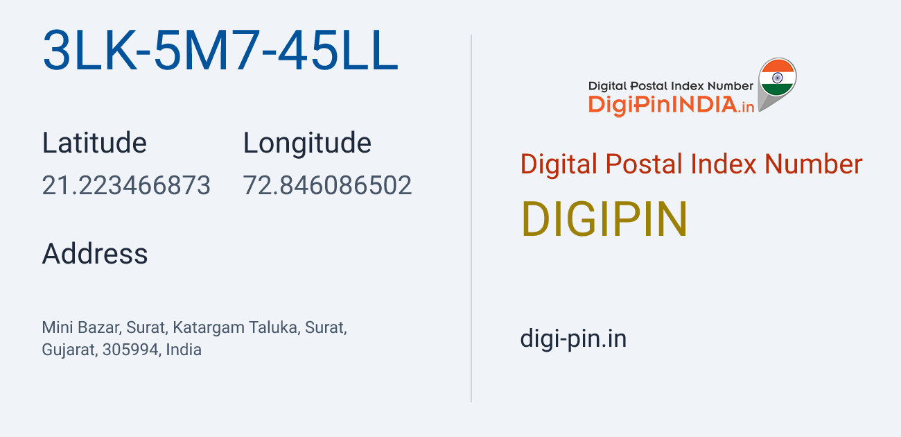 DigiPin 3LK-5M7-45LL location map showing coordinates 21.223467, 72.846087