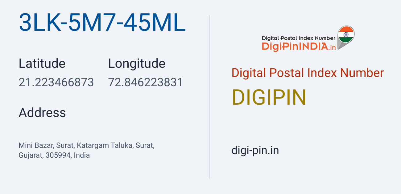 DigiPin 3LK-5M7-45ML location map showing coordinates 21.223467, 72.846224