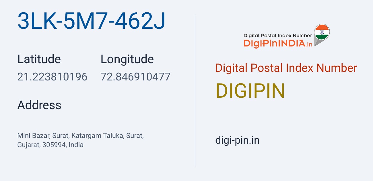 DigiPin 3LK-5M7-462J location map showing coordinates 21.223810, 72.846910