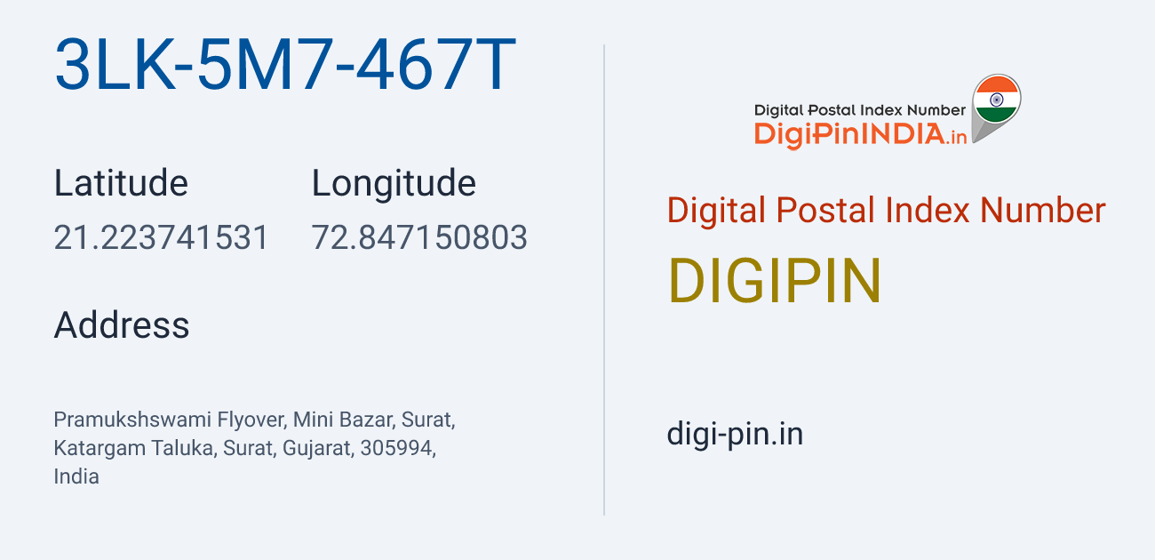 DigiPin 3LK-5M7-467T location map showing coordinates 21.223742, 72.847151