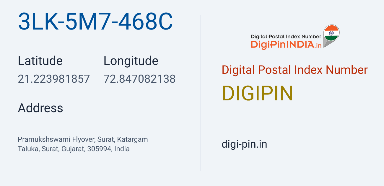 DigiPin 3LK-5M7-468C location map showing coordinates 21.223982, 72.847082