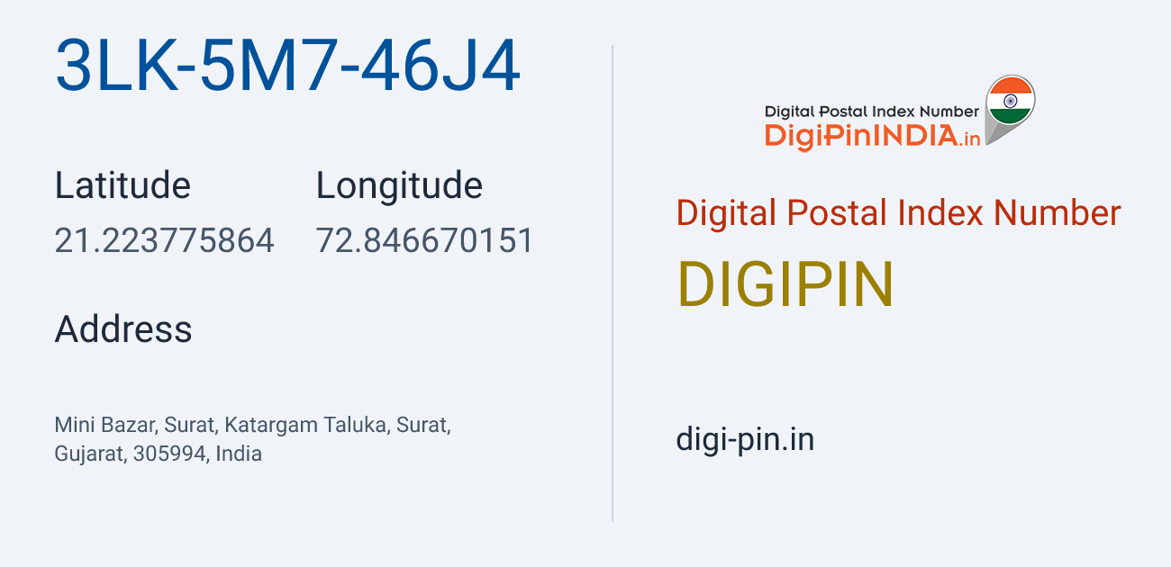 DigiPin 3LK-5M7-46J4 location map showing coordinates 21.223776, 72.846670