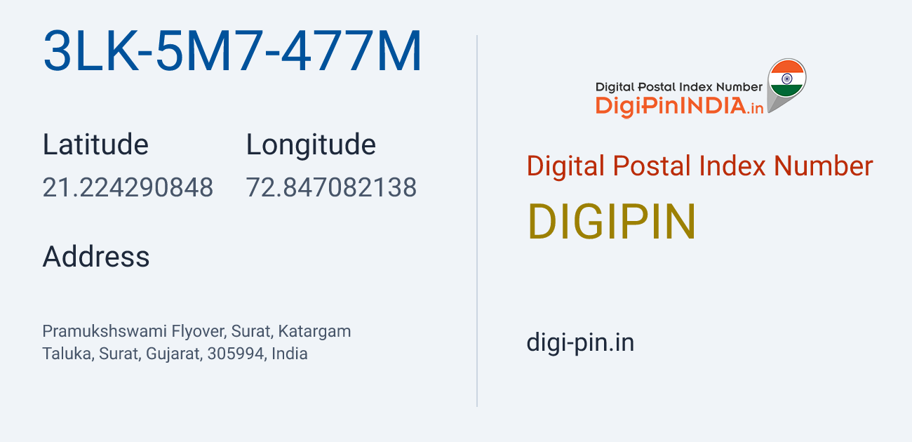 DigiPin 3LK-5M7-477M location map showing coordinates 21.224291, 72.847082