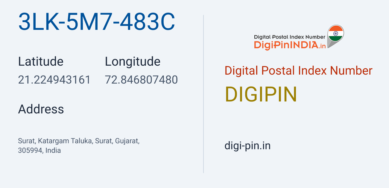 DigiPin 3LK-5M7-483C location map showing coordinates 21.224943, 72.846807