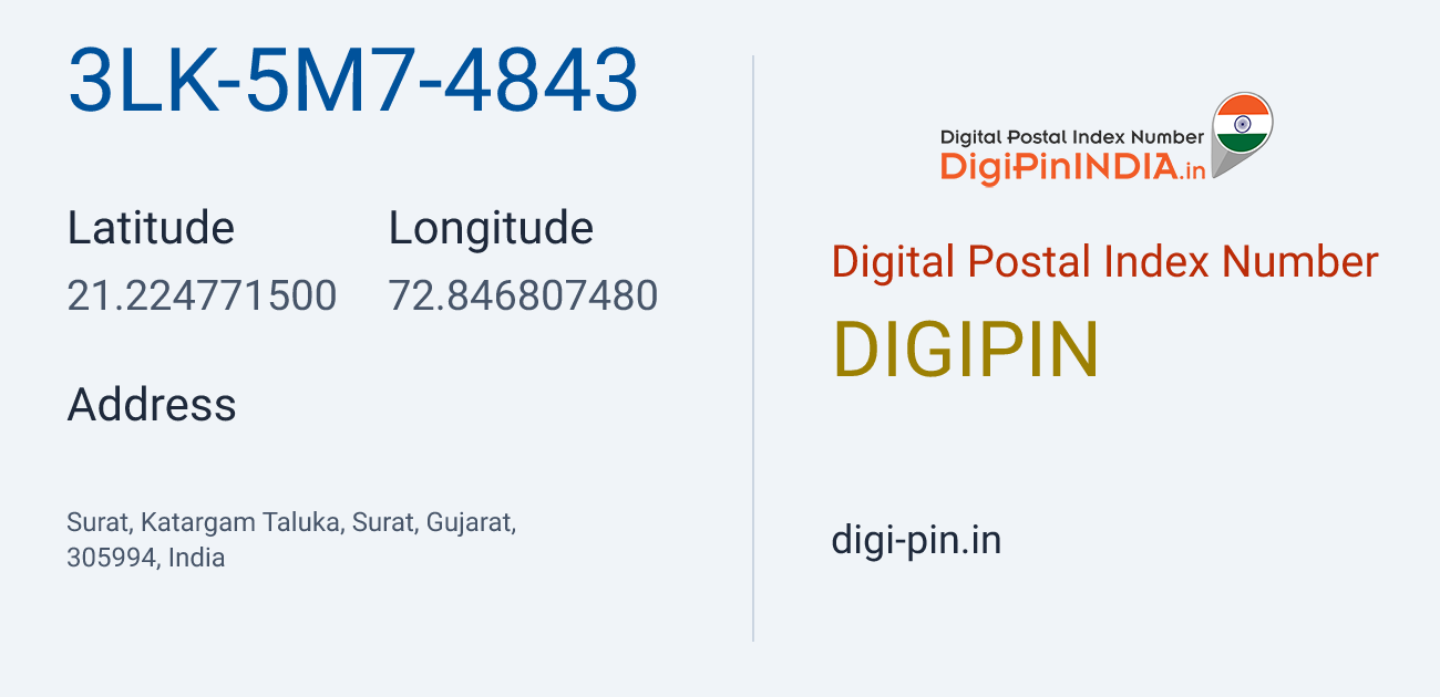 DigiPin 3LK-5M7-4843 location map showing coordinates 21.224771, 72.846807