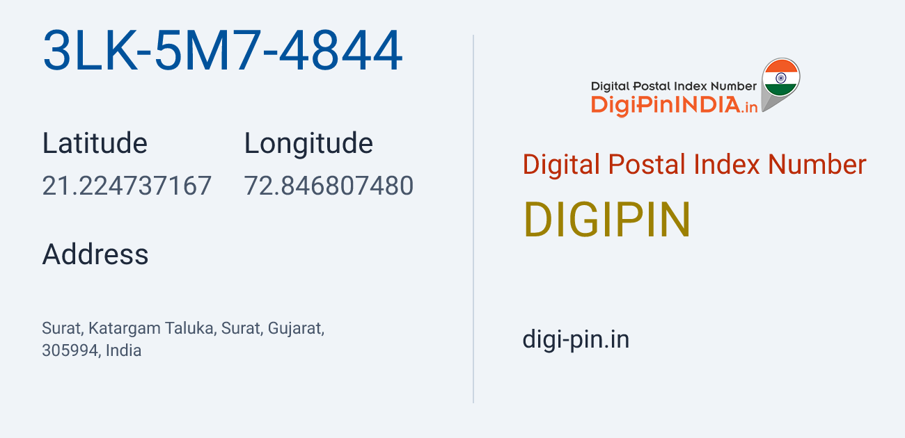 DigiPin 3LK-5M7-4844 location map showing coordinates 21.224737, 72.846807