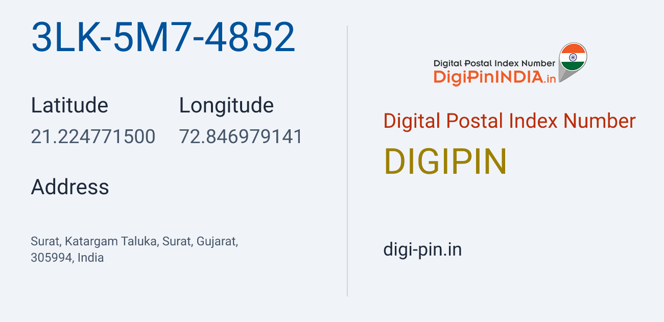 DigiPin 3LK-5M7-4852 location map showing coordinates 21.224771, 72.846979