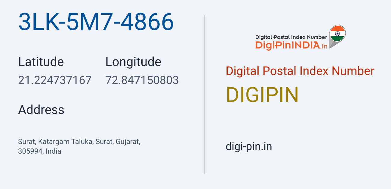 DigiPin 3LK-5M7-4866 location map showing coordinates 21.224737, 72.847151
