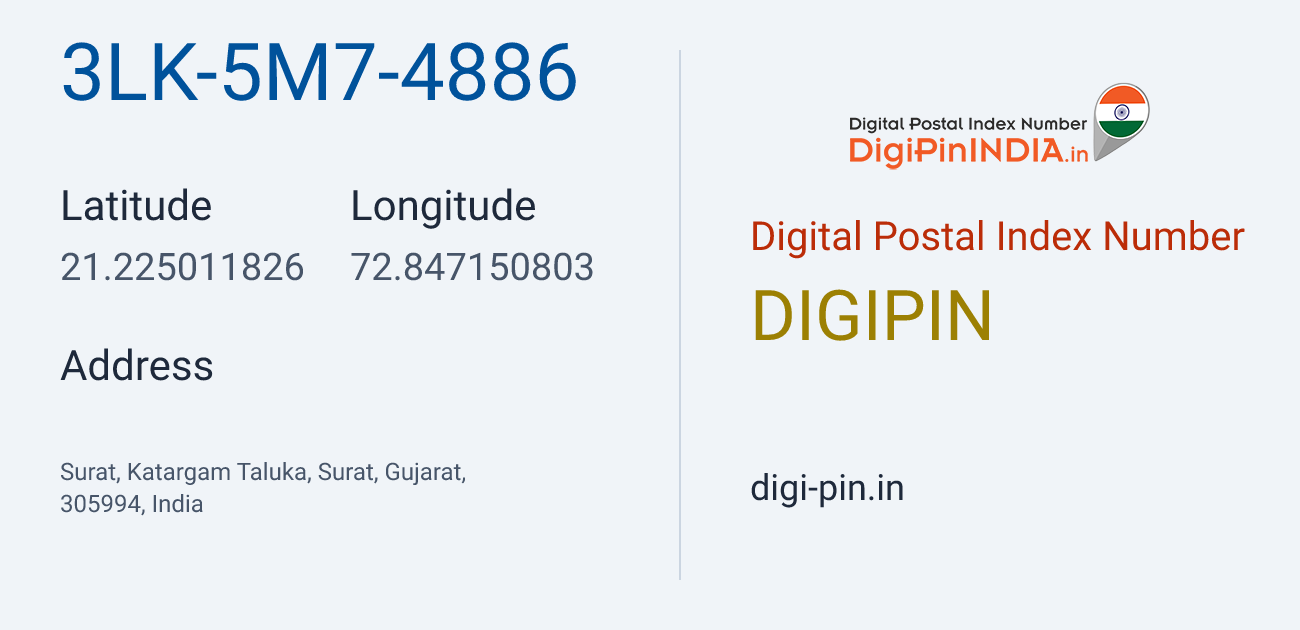 DigiPin 3LK-5M7-4886 location map showing coordinates 21.225012, 72.847151