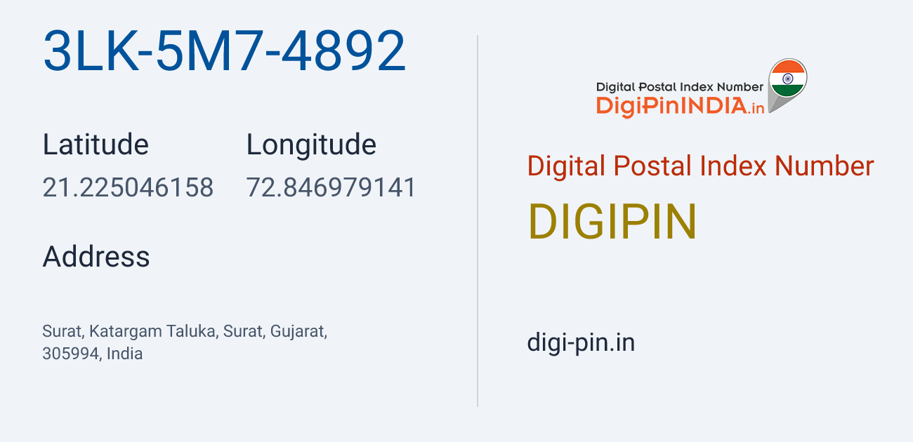 DigiPin 3LK-5M7-4892 location map showing coordinates 21.225046, 72.846979