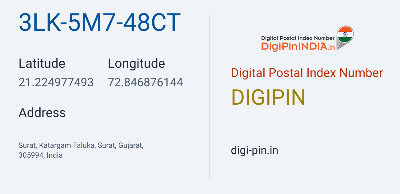 DigiPin 3LK-5M7-48CT location map showing coordinates 21.224977, 72.846876