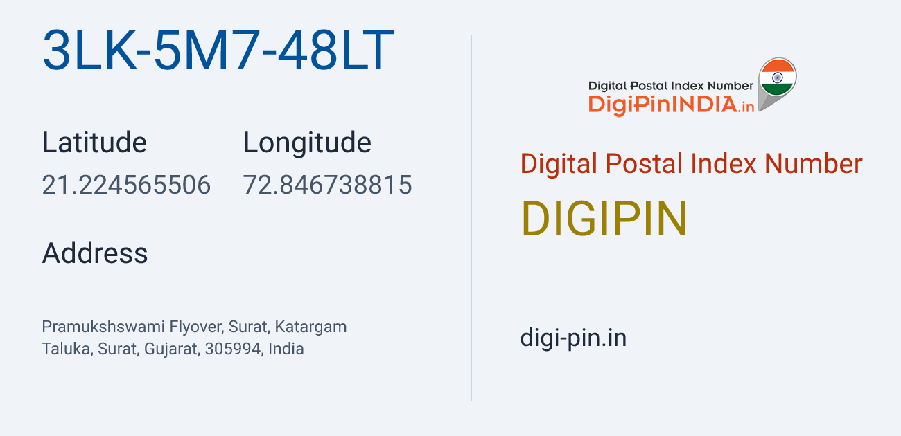 DigiPin 3LK-5M7-48LT location map showing coordinates 21.224566, 72.846739
