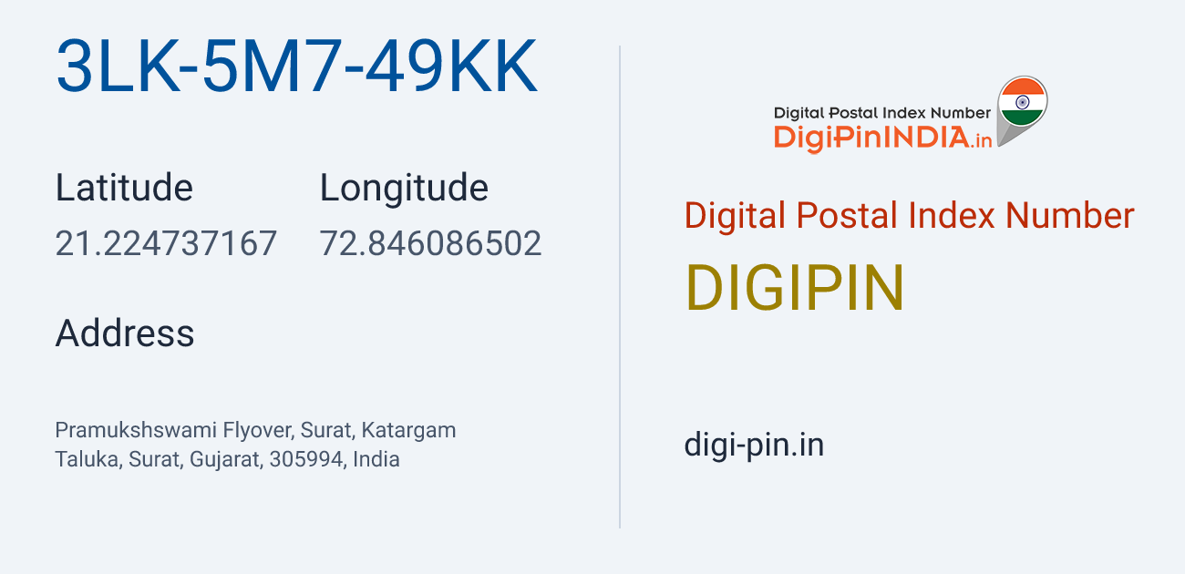 DigiPin 3LK-5M7-49KK location map showing coordinates 21.224737, 72.846087