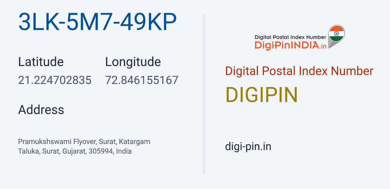 DigiPin 3LK-5M7-49KP location map showing coordinates 21.224703, 72.846155