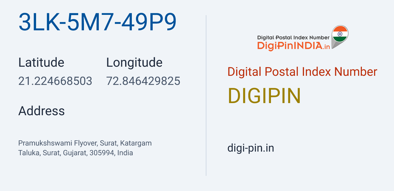 DigiPin 3LK-5M7-49P9 location map showing coordinates 21.224669, 72.846430