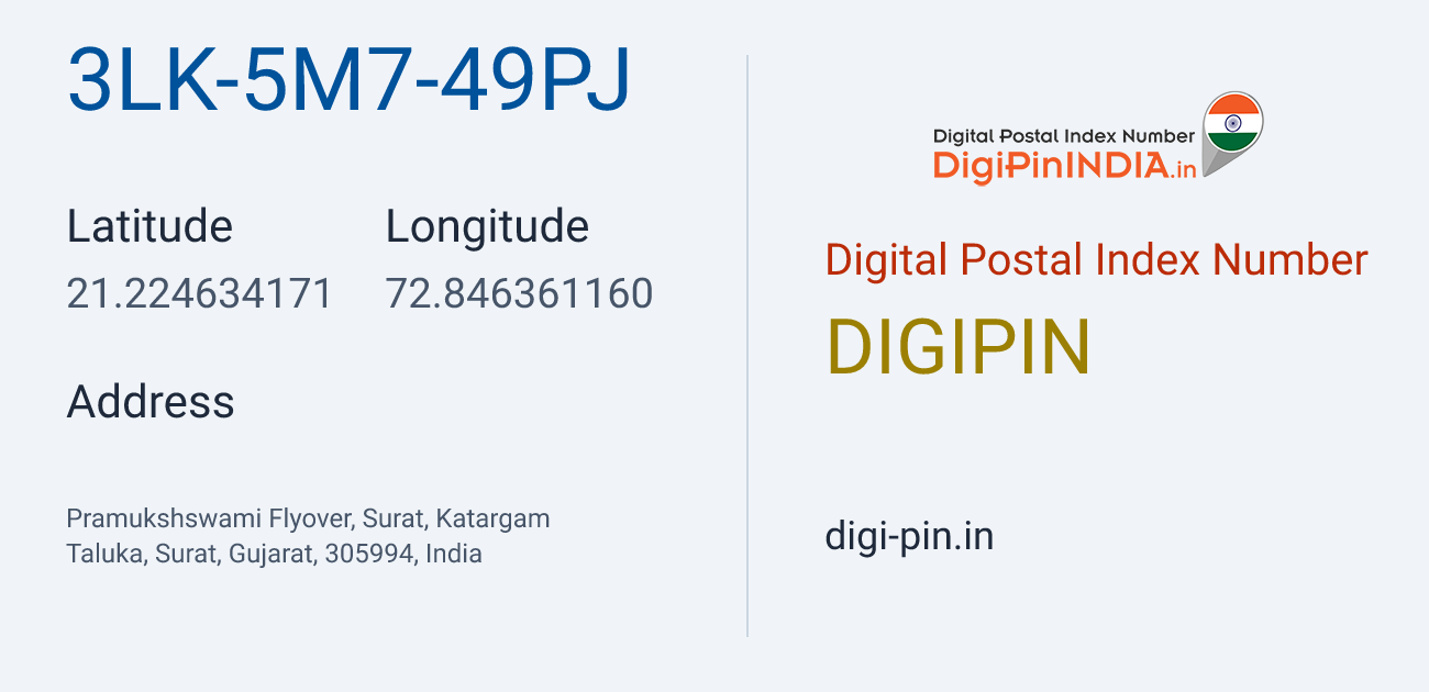 DigiPin 3LK-5M7-49PJ location map showing coordinates 21.224634, 72.846361