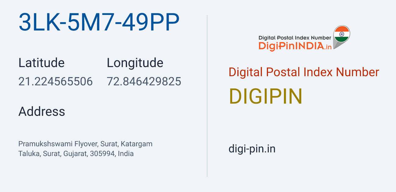 DigiPin 3LK-5M7-49PP location map showing coordinates 21.224566, 72.846430