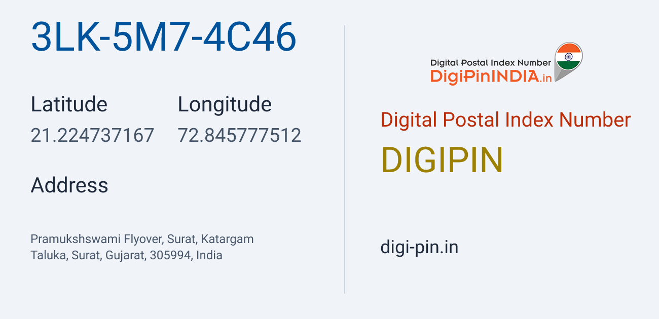 DigiPin 3LK-5M7-4C46 location map showing coordinates 21.224737, 72.845778