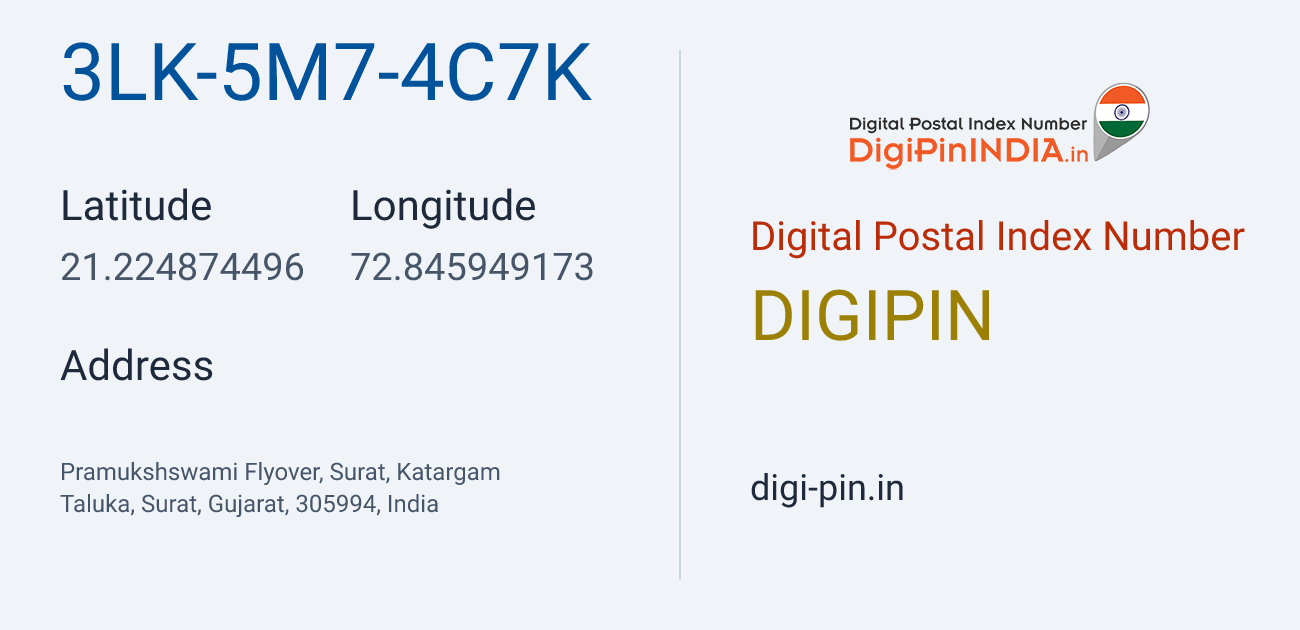 DigiPin 3LK-5M7-4C7K location map showing coordinates 21.224874, 72.845949