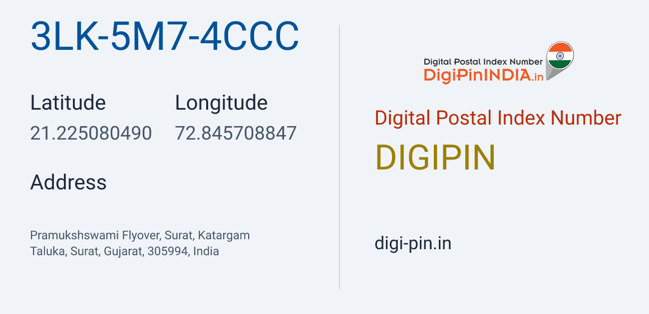 DigiPin 3LK-5M7-4CCC location map showing coordinates 21.225080, 72.845709