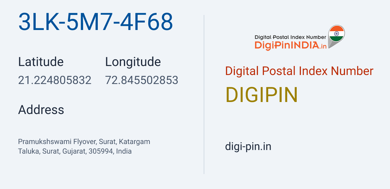 DigiPin 3LK-5M7-4F68 location map showing coordinates 21.224806, 72.845503