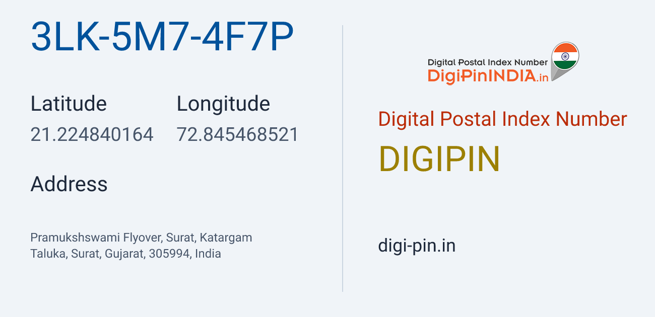 DigiPin 3LK-5M7-4F7P location map showing coordinates 21.224840, 72.845469