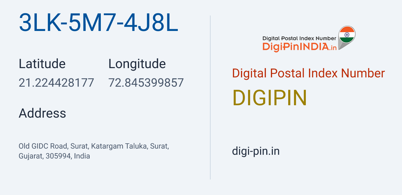 DigiPin 3LK-5M7-4J8L location map showing coordinates 21.224428, 72.845400