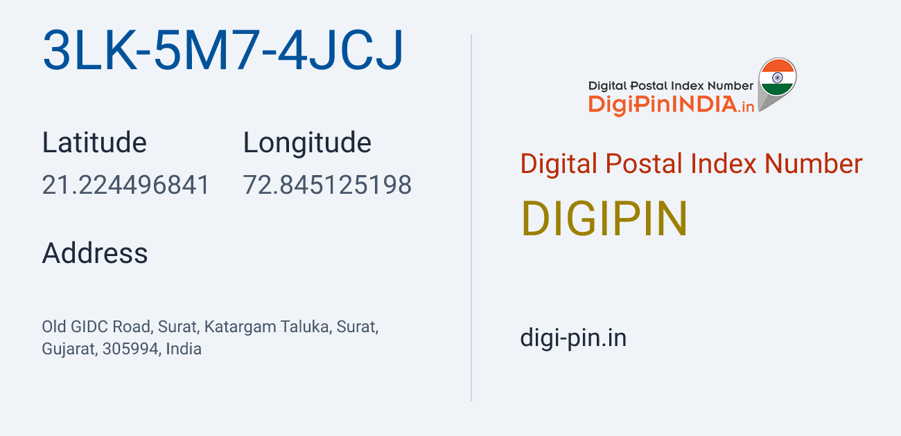 DigiPin 3LK-5M7-4JCJ location map showing coordinates 21.224497, 72.845125