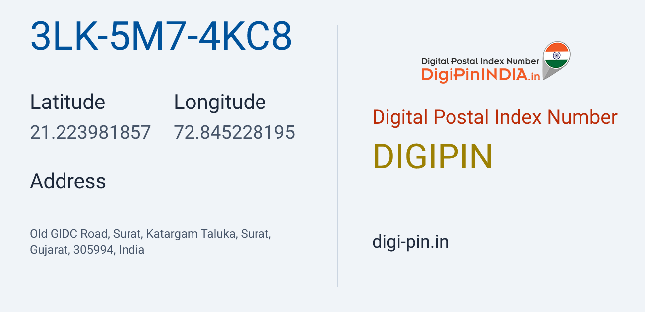 DigiPin 3LK-5M7-4KC8 location map showing coordinates 21.223982, 72.845228