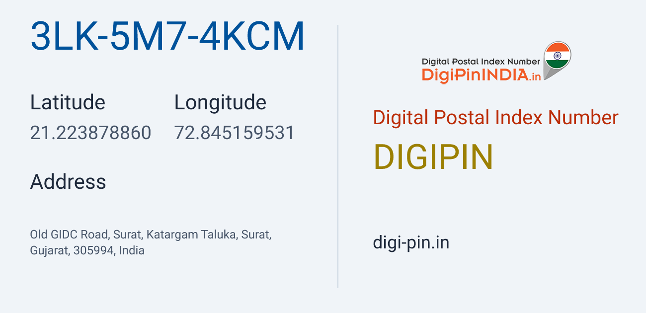 DigiPin 3LK-5M7-4KCM location map showing coordinates 21.223879, 72.845160
