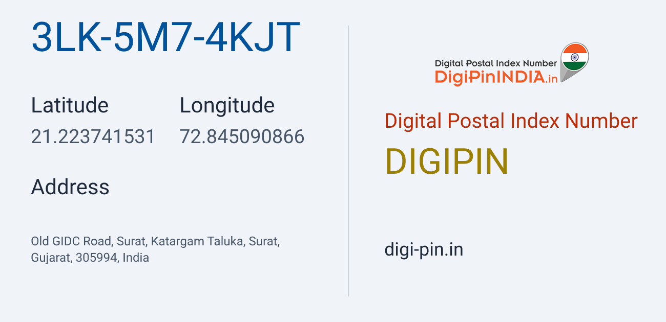 DigiPin 3LK-5M7-4KJT location map showing coordinates 21.223742, 72.845091