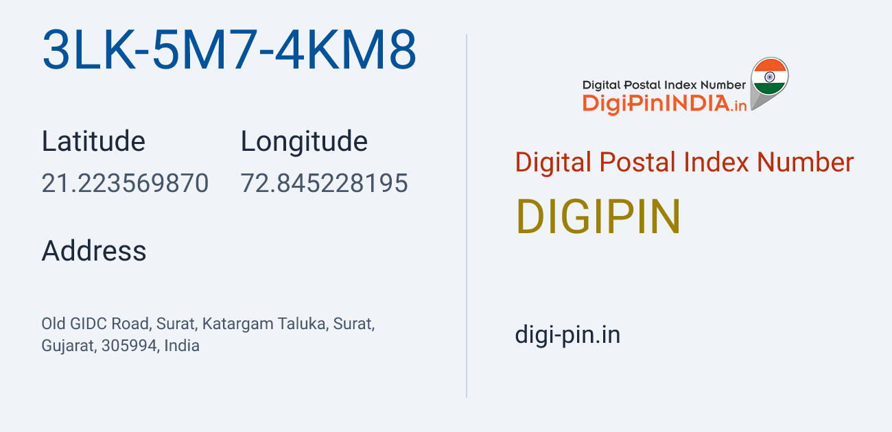 DigiPin 3LK-5M7-4KM8 location map showing coordinates 21.223570, 72.845228
