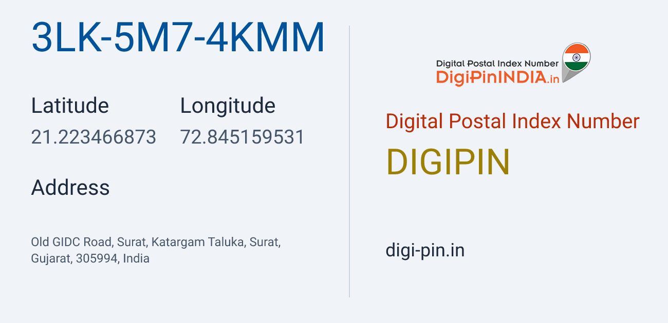 DigiPin 3LK-5M7-4KMM location map showing coordinates 21.223467, 72.845160
