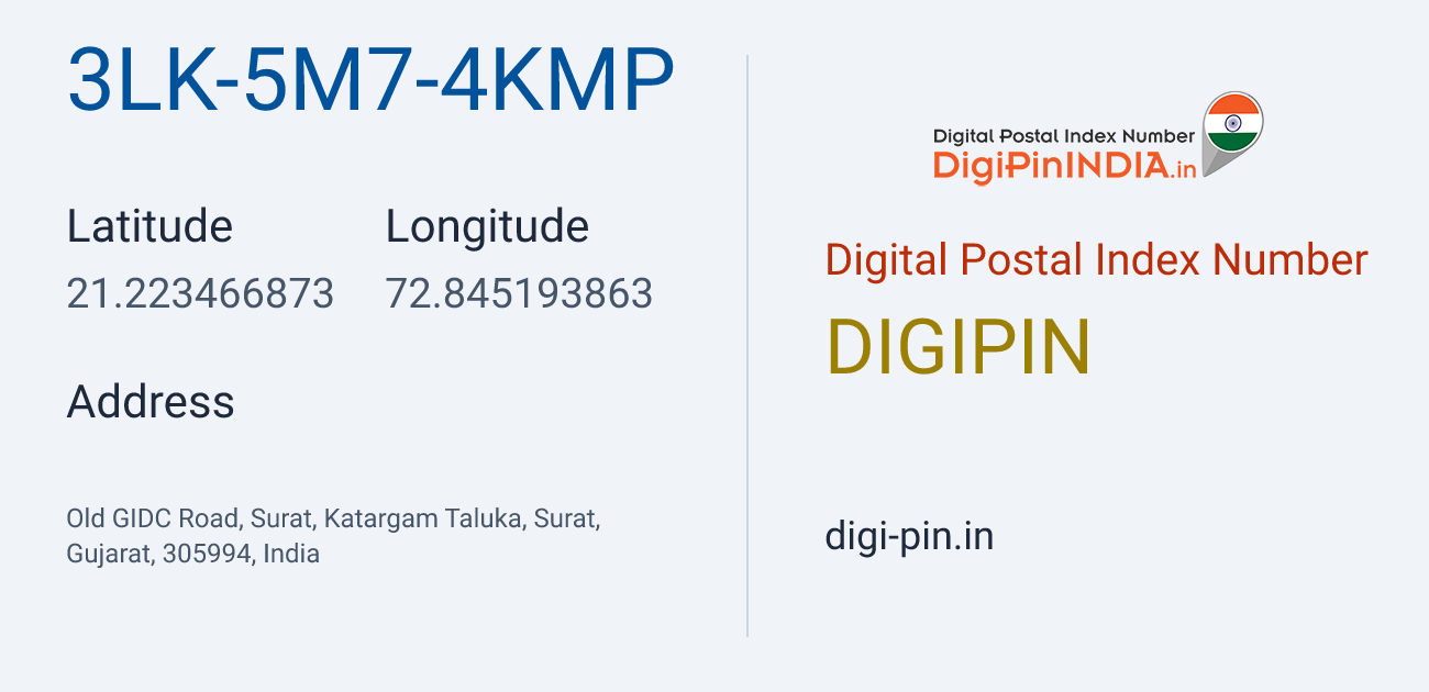 DigiPin 3LK-5M7-4KMP location map showing coordinates 21.223467, 72.845194