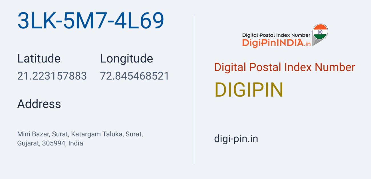 DigiPin 3LK-5M7-4L69 location map showing coordinates 21.223158, 72.845469