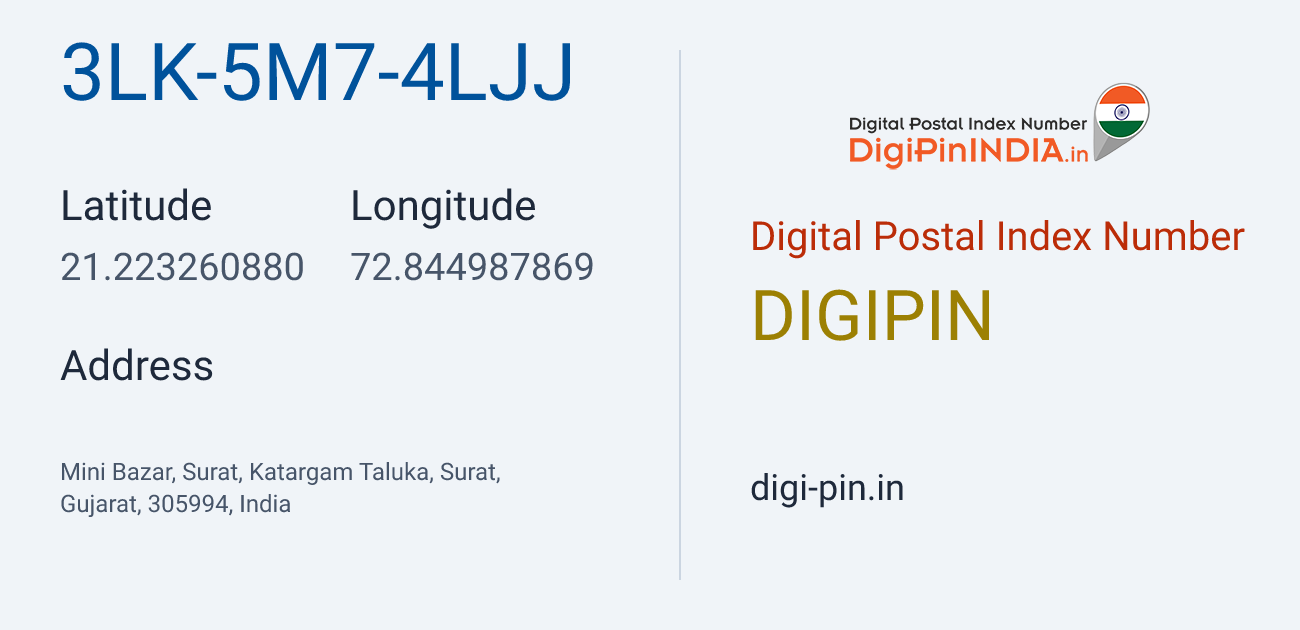 DigiPin 3LK-5M7-4LJJ location map showing coordinates 21.223261, 72.844988