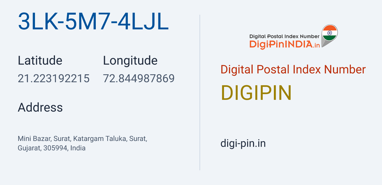 DigiPin 3LK-5M7-4LJL location map showing coordinates 21.223192, 72.844988