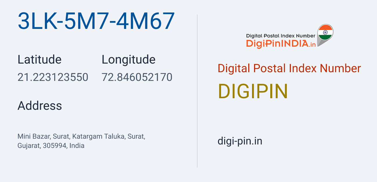 DigiPin 3LK-5M7-4M67 location map showing coordinates 21.223124, 72.846052