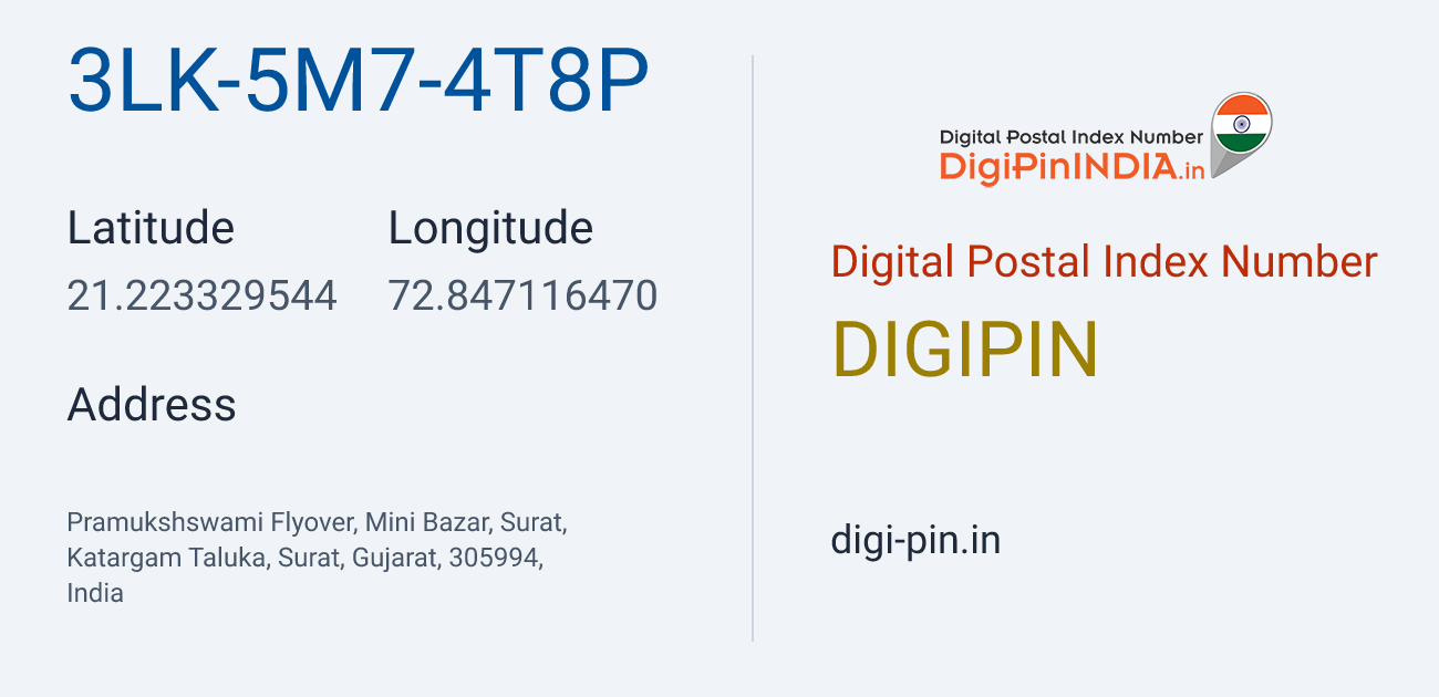 DigiPin 3LK-5M7-4T8P location map showing coordinates 21.223330, 72.847116