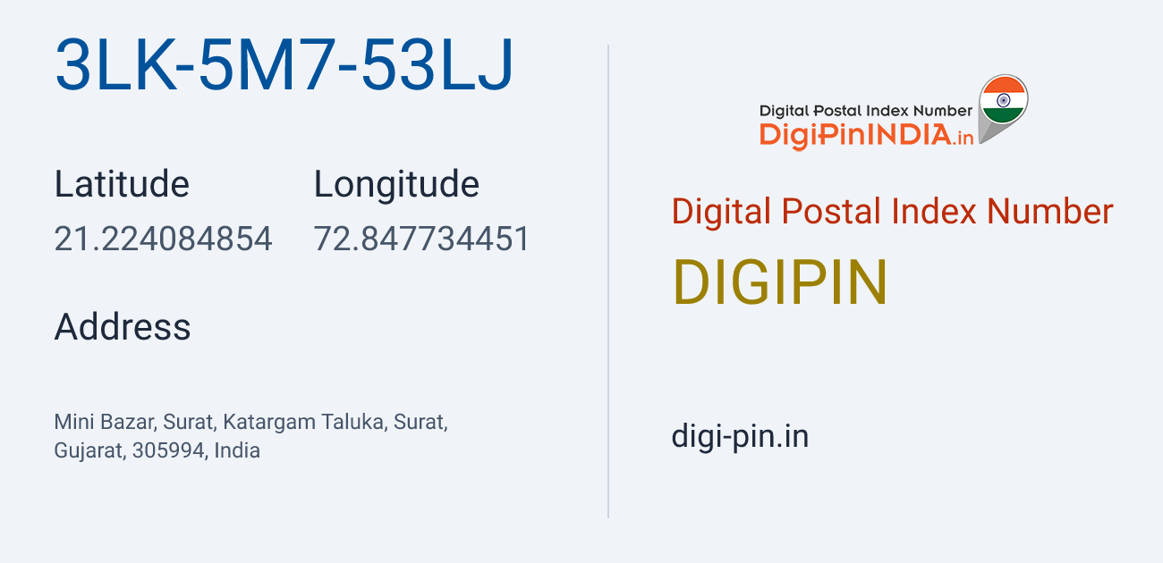 DigiPin 3LK-5M7-53LJ location map showing coordinates 21.224085, 72.847734